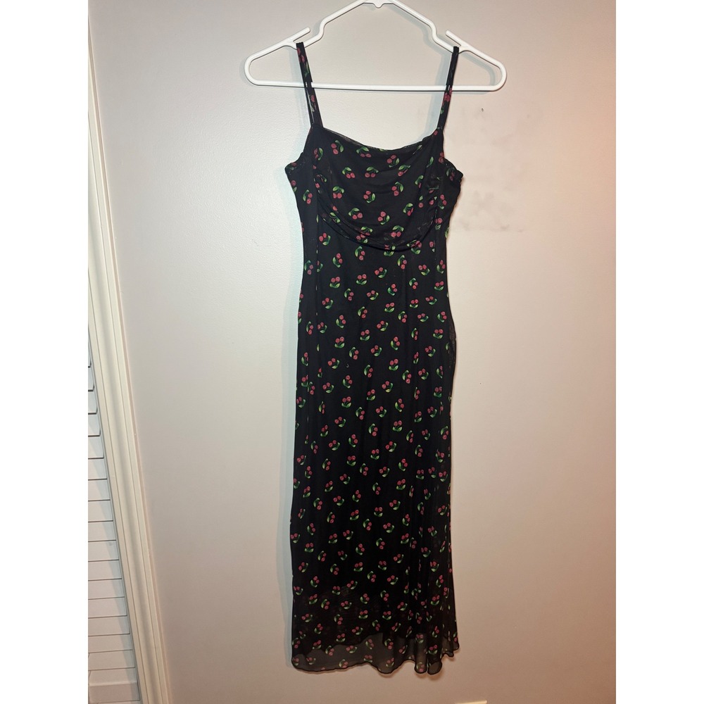 Y2K See You Monday‎ Black Cherry Print Mesh Cowl Neck Midi Dress Sleeveless